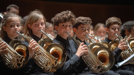 Wall Mural - Young musicians playing brass instruments in a concert