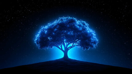 Glowing blue tree at night, starry sky background; nature fantasy artwork for websites