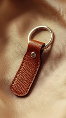 Wall Mural - Brown leather keychain with a silver keyring on a white background