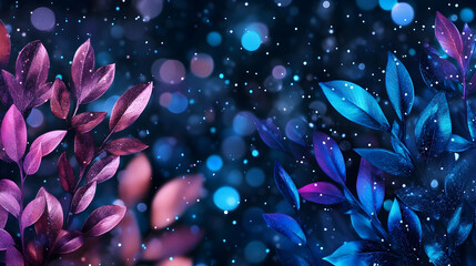 Glowing purple and blue leaves, bokeh background, magical night scene, website banner