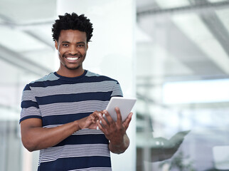 Aufkleber - Business, tablet and portrait of black man in office for research project, online website and internet. Professional, startup and happy worker on digital tech for planning, networking and review
