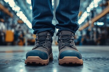 Close up of a safety working shoe on worker in factory