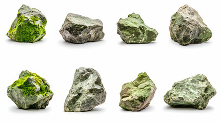 Mossy rocks isolated on white background; nature texture, design element