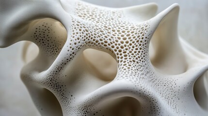 Wall Mural - Abstract off white ceramic sculpture with intricate porous texture and speckled details. Close up view showcasing the organic, three dimensional form