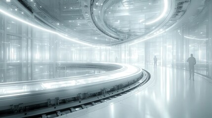 Wall Mural - Futuristic interior of a sleek, illuminated corridor with people walking in a high-tech environment