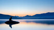 © Nadiyah - Serene sunset Cat silhouette on lakeside rock, tranquil mountain backdrop. Perfect for meditation, peace, nature themes