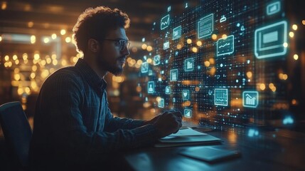 Focused Young Man Working on Laptop with Digital Interface at Night