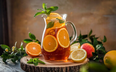 Poster - Glass pitcher of iced tea with fresh fruits and ice on table