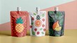 © Justlight - Three stand up pouches with tropical fruit prints are displayed on a colorful backdrop, showcasing attractive packaging for juices or smoothies