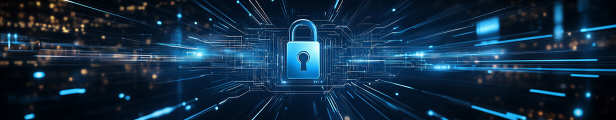 Cyber security lock symbol in a digital world banner