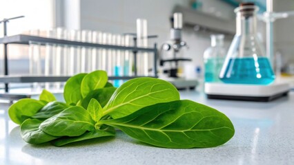 Fresh, vibrant green leaves lie on a laboratory table, surrounded by test tubes, a microscope, and beakers filled with blue liquid, suggesting ongoing food science research and experimentation