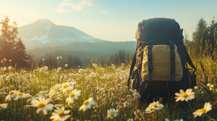 Hiking backpack on a meadow with flowers and mountain background