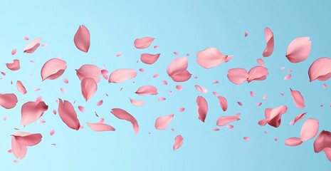 Poster - Pink petals falling on a light blue background. Soft, gentle and serene image with a dreamy feel. Ideal for spring, nature, or beauty themes