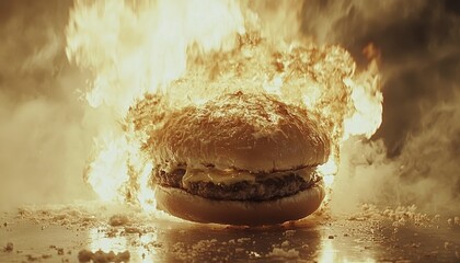 Sticker - A hamburger engulfed in intense flames, set against a dark and smoky background. The bun is glistening, and the patty is partially visible. The