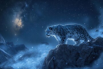 Wall Mural - majestic snow leopard prowling through moonlit himalayan peaks, mystical fog swirling, crystalline s