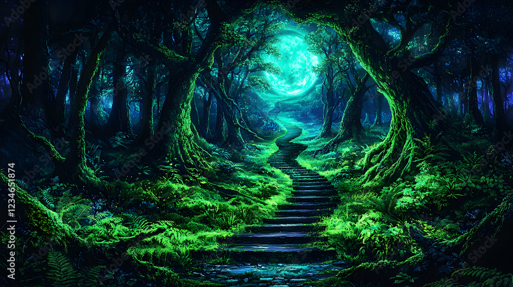 Moonlit Forest Path Steps leading through enchanted woods, under a full ...