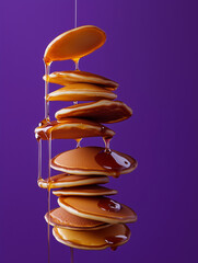 A dynamic and vibrant composition featuring a variety of pancakes with syrup drizzles suspended mid-air against a bold lavender purple background.