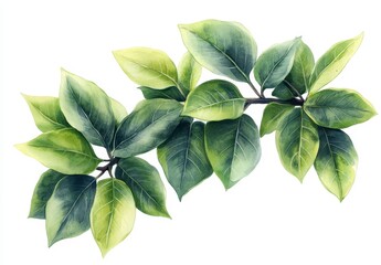 Wall Mural - Watercolor painting of a branch with lush green leaves, showcasing varying shades and textures. The leaves are depicted with fine details, exhibiting