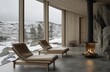 © A4719 - Modern minimalist room with large windows overlooking a snowy landscape, featuring two light beige loungers near a stone fireplace