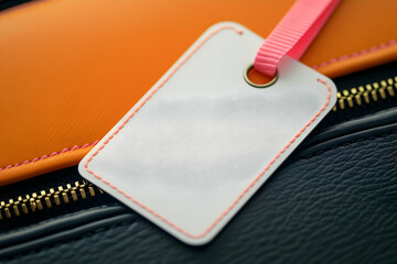 Wall Mural - Blank White Label Tag Attached to a Stylish Orange and Black Leather Bag