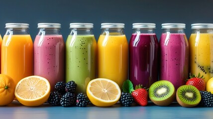 Wall Mural - Row of fruit juice bottles and fruit on a table