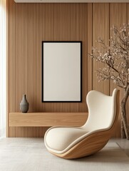 Wall Mural - Modern minimalist interior design with unique chair, empty frame, wooden wall, and decorative plant