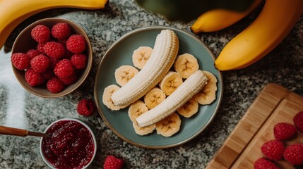 Wall Mural - Overhead shot of sliced bananas and raspberries on a gray plate, surrounded by more fruit and raspberry jam. Natural light illuminates the scene