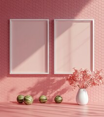 Wall Mural - Pink room interior mockup with two blank frames, a white vase with pink flowers, and three small watermelons. Soft sunlight casts shadows on the wall