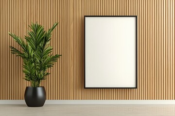 Wall Mural - Empty Picture Frame on Wooden Wall with Decorative Plant in Modern Interior Design Setting