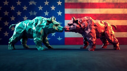 Stock market green red color economy. usa flag background. Trends economic Effect recession on US economy. Stock crash market exchange loss trading. Bull and bear fighting concept stock market gg