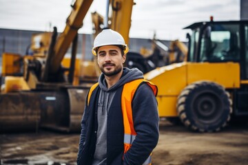 Wall Mural - Portrait of a smiling Caucasian American man standing next to machinery on construction site