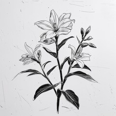 Angelonia flower art black and white flat design simple line hand drawing on plain white background