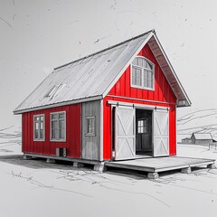 Wall Mural - Barndominium house art silver and red flat design simple line hand drawing on plain white background