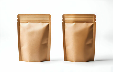 Wall Mural - Kraft Paper Packaging Mockup: Two Blank Stand-Up Pouches on White Background