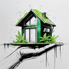 Wall Mural - Eco friendly green house art black and white flat design simple line hand drawing on plain white background