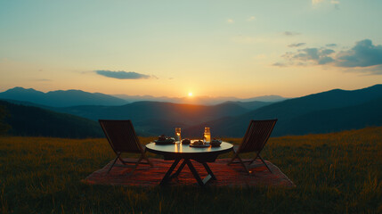 Romantic sunset dining experience in the mountains with a table set for two and breathtaking views