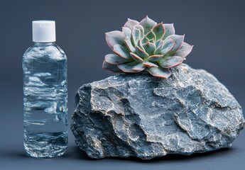 Canvas Print - Clear liquid in a small bottle beside a succulent plant on a gray rock against a gray background. The image has a minimalist aesthetic