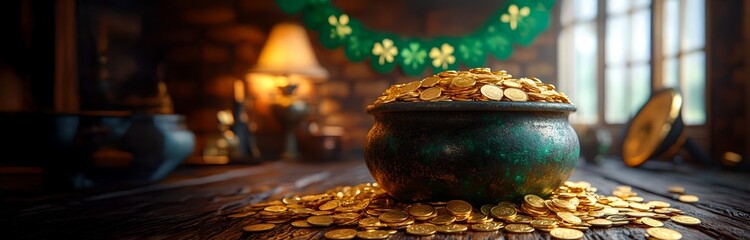 a cauldron of gold coins on interior background. Banner for St. Patrick's Day. Place for text