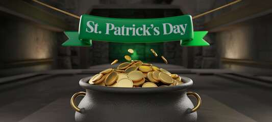 a cauldron of gold coins on the dark backgroun. Banner for St. Patrick's Day. Place for text