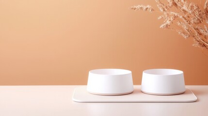 Wall Mural - Two white bowls on a table with a brown background