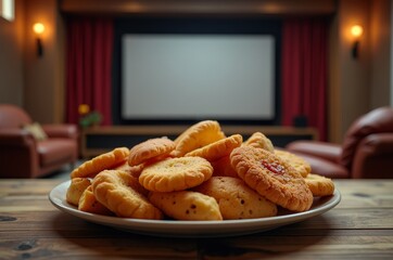 Wall Mural - A plate of golden-brown, crispy chicken nuggets on a wooden table