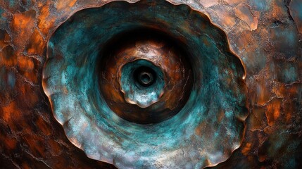 Abstract Close-Up of Textured Copper and Turquoise Metal Surface with Concentric Patterns