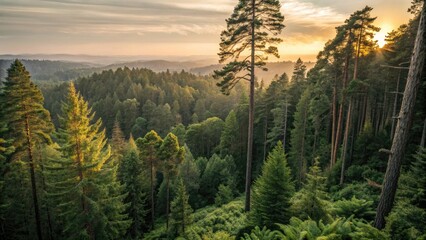 Poster - Cinematic View of a Dense Forest During Summer Sunset. Generative AI