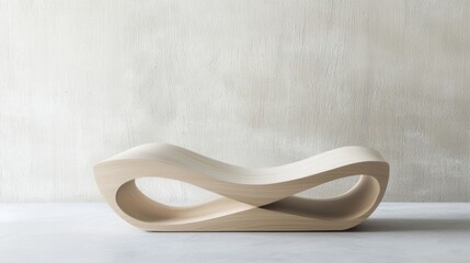 Poster - A wooden bench with a curved design is sitting on a concrete floor