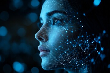 Aufkleber - Close-up of a woman with a futuristic digital overlay in a dark setting highlighting technological themes and human connection