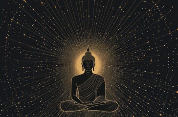 Wall Mural - A silhouette of Buddha in the center, radiating rays like fireworks on a black background. 