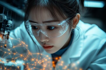 Poster - Scientific research in a laboratory setting with a female scientist analyzing data and observing molecular connections