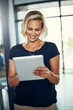 © peopleimages.com - Smile, search and woman in office with tablet for email, web report and schedule plan for public relations manager. Admin, media consultant or businesswoman on digital app for online business agenda