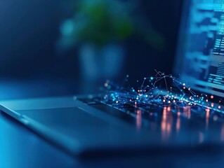 Abstract Data Network on Laptop Screen Glowing Blue Lines Technology Concept