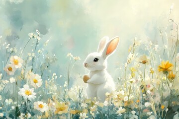 Wall Mural - Cute white rabbit holding an egg in a vibrant flower field during springtime